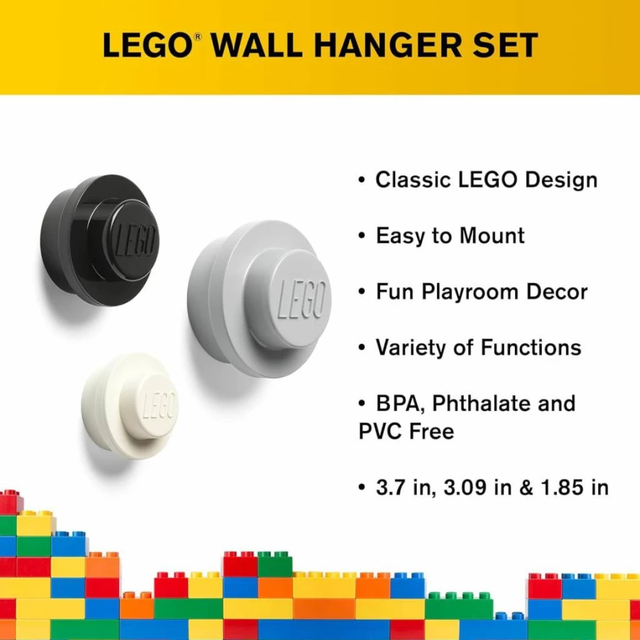 Room Copenhagen LEGO Wall Hanger Set - Decorative Playroom Storage Hooks in Black, White & Grey for Kids Organization