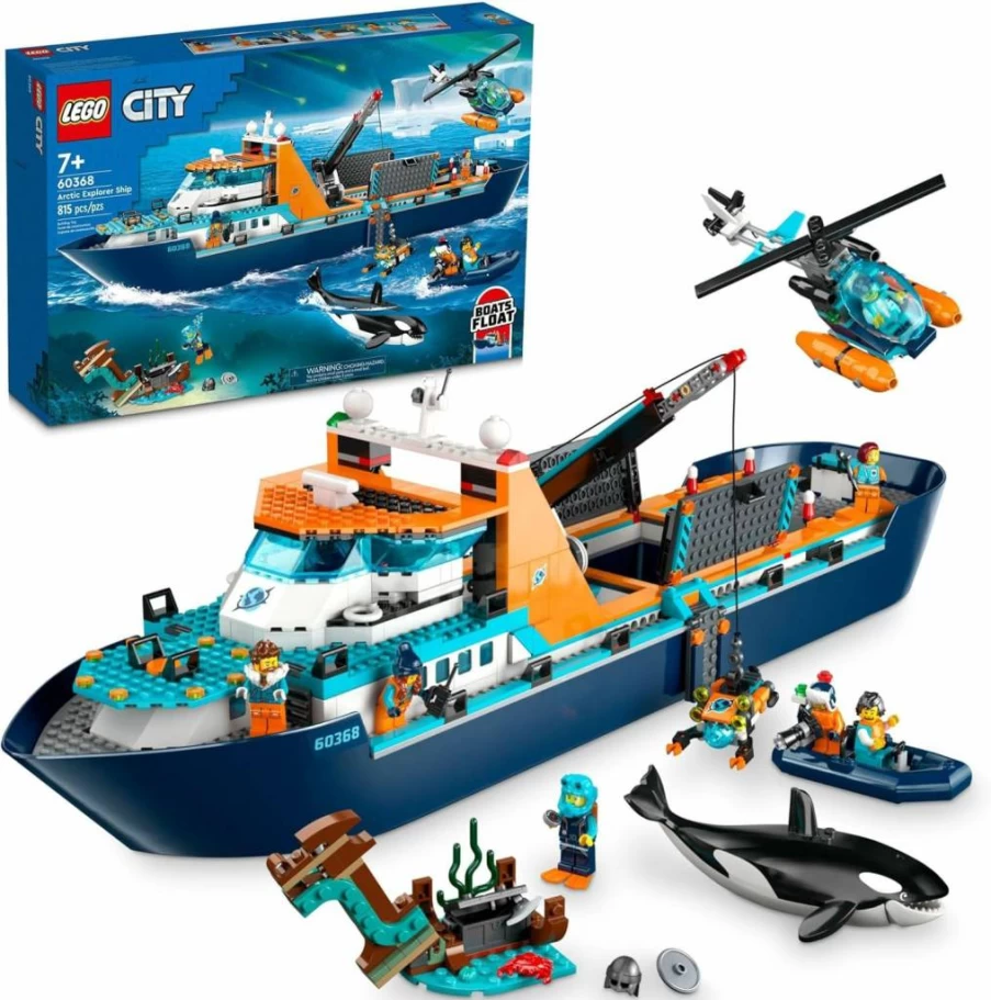 LEGO City Arctic Explorer Ship 60368 Building Set with Boat, Helicopter, Submarine, Viking Shipwreck & 7 Minifigures – STEM Toy Gift for Kids Ages 7+