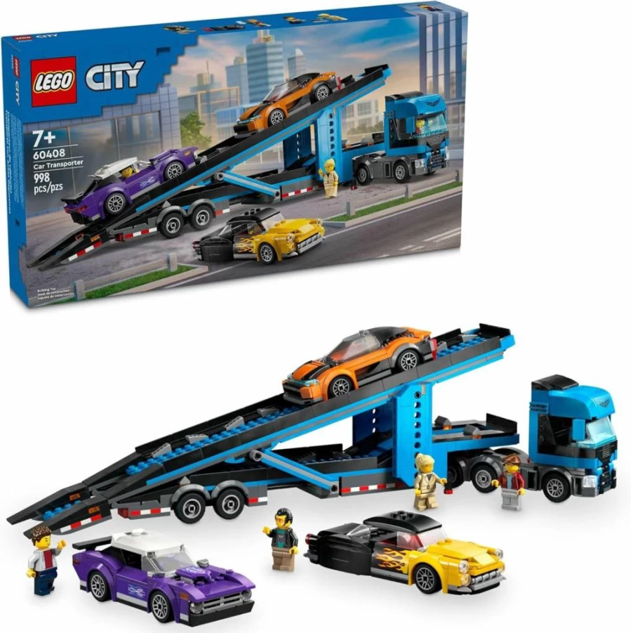 LEGO City 60408 Car Transporter Truck Toy Set with Sports Cars, Semi Truck Trailer for Kids Ages 7+, Creative Building Gift for Boys and Girls