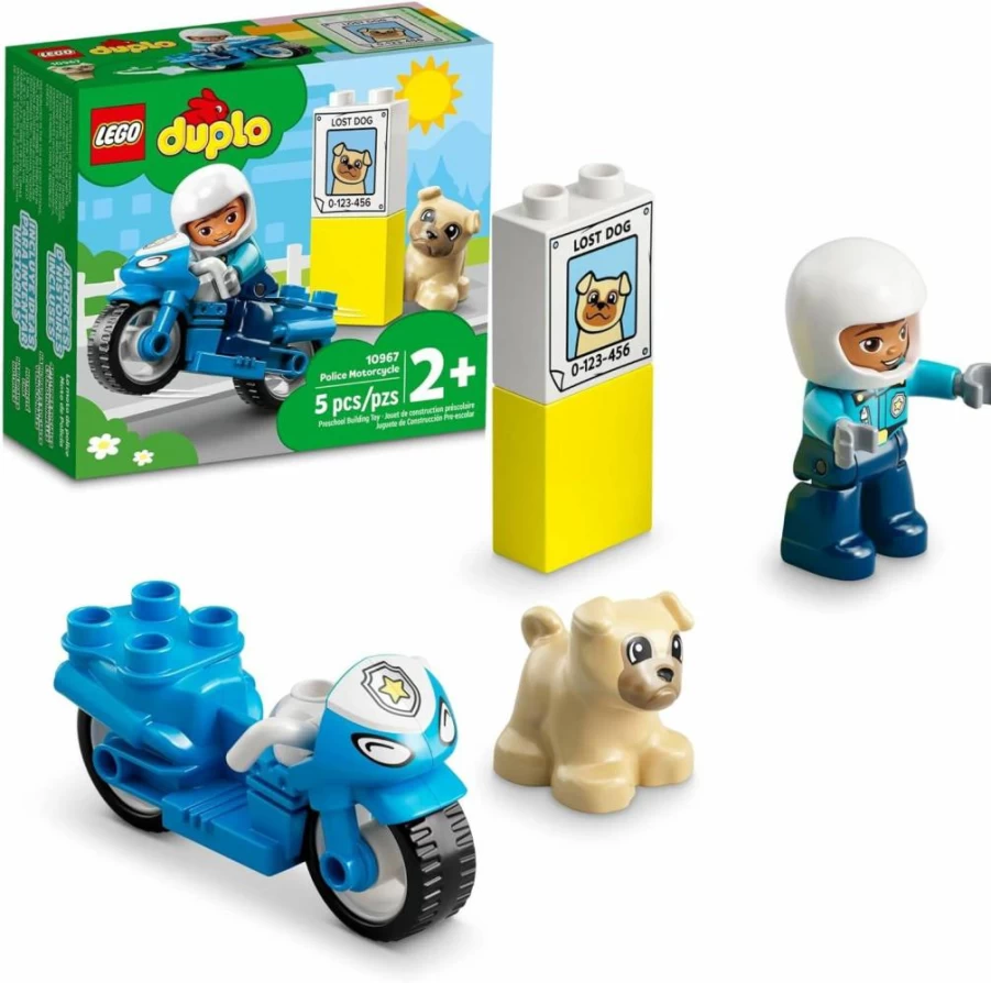 LEGO DUPLO Police Motorcycle 10967 Toy for Kids Ages 2+ with Police Officer & Dog Figures, Toddler Learning Building Set