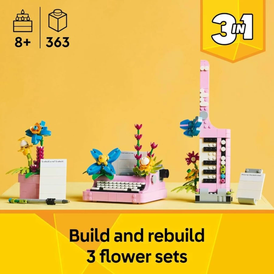 LEGO Creator 3-in-1 Typewriter Building Toy Set 31169 - Build a Vintage Typewriter, Flowerpot with Pen & Notebook, or Keytar - Creative Gift for Kids & Adults