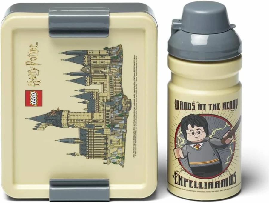 Room Copenhagen Harry Potter Hogwarts Lunch Box Set - 390ml Dishwasher Safe Bottle & Food Container for Kids & Adults, Beige & Grey, Portable Meal Storage for Travel & School