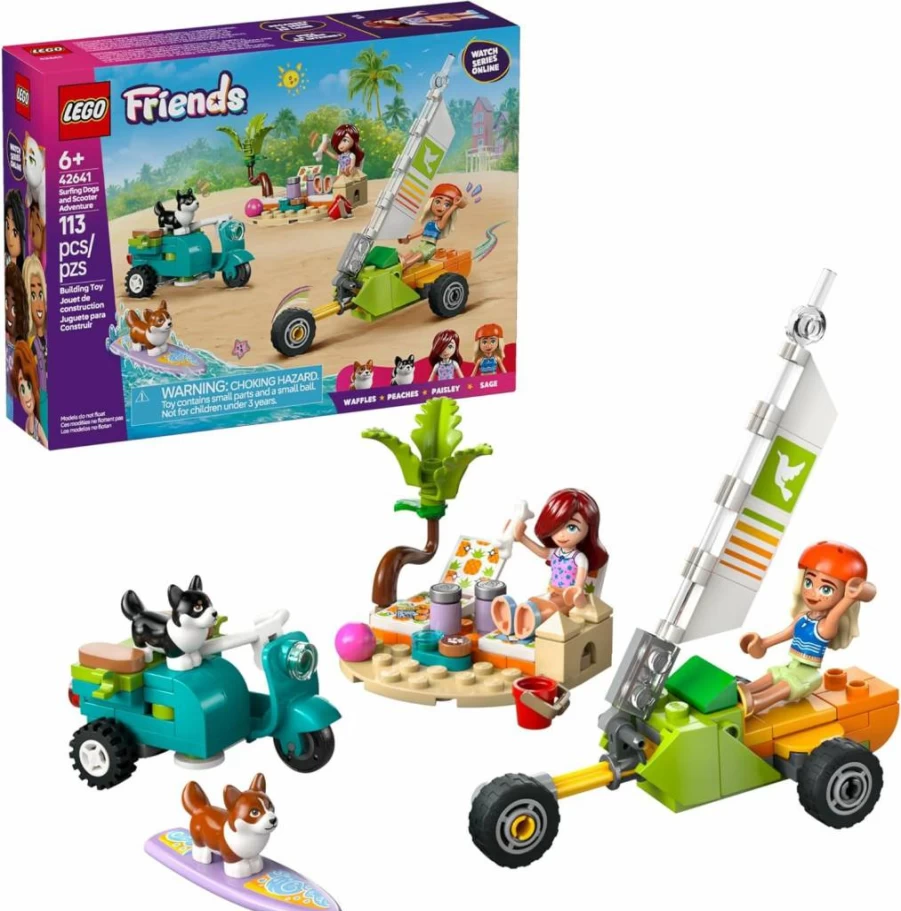LEGO Friends 42641 Surfing & Scooter Adventure Building Toy Set with 2 Minidolls & 2 Corgi Dogs - Creative Pretend Play for Kids Ages 6+ - Perfect Birthday Gift for Girls and Boys