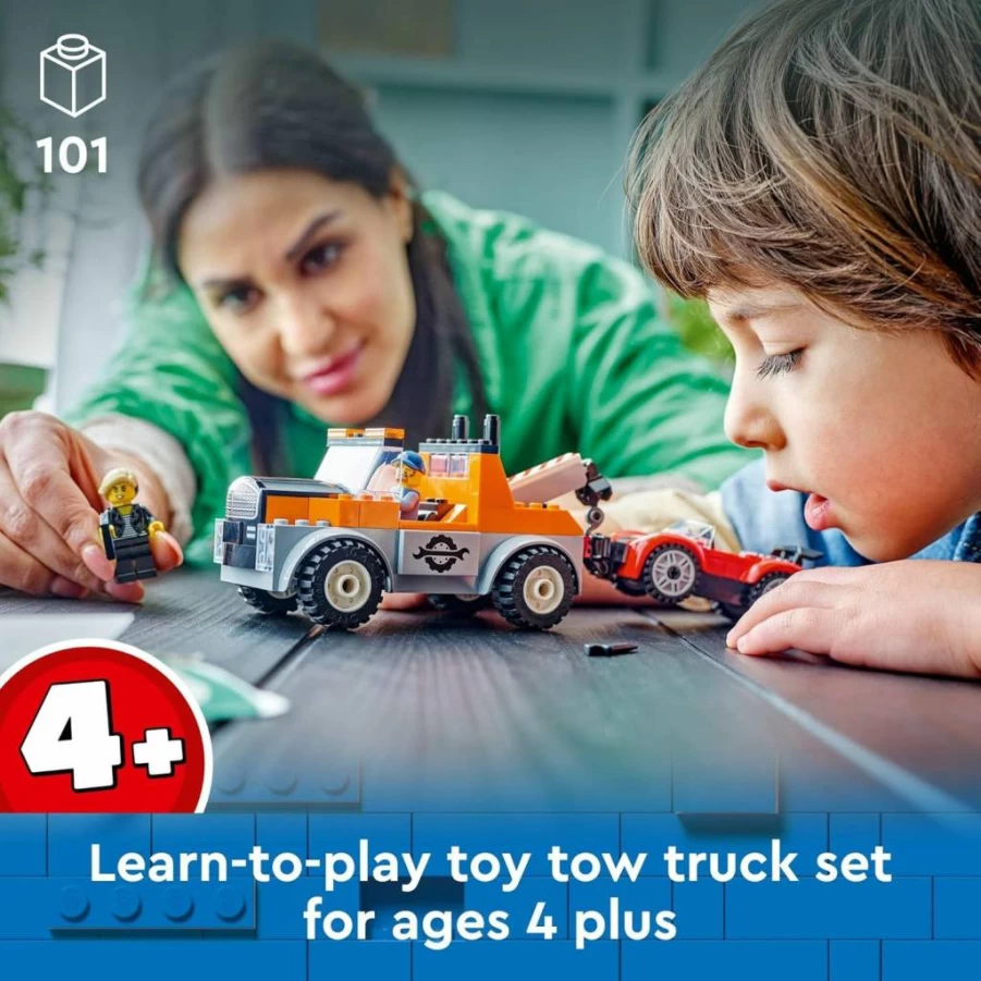 LEGO City Tow Truck & Sports Car Repair Toy Set 60435 with 2 Minifigures, Cochlear Implant Accessory, Creative Building Kit for Kids Ages 4+