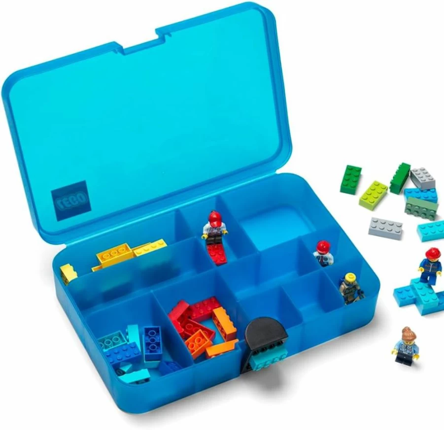 Room Copenhagen Lego Storage Box - Transparent Blue Organizer for Minifigures, Vehicles & Bricks - Durable Plastic, Portable & Customizable Toy Sorting Solution