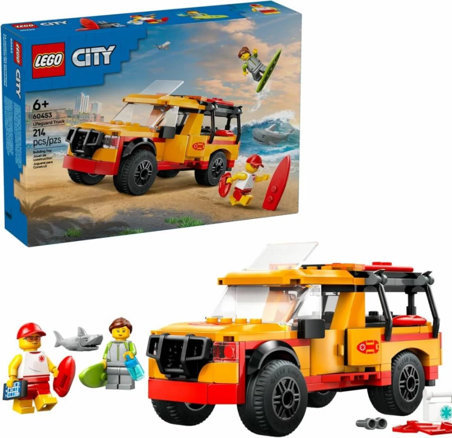 LEGO City Lifeguard Rescue Truck Building Set 60453 with 2 Minifigures & Shark Toy - Beach-Themed Construction Kit for Kids Ages 6+ - Creative Gift for Boys and Girls