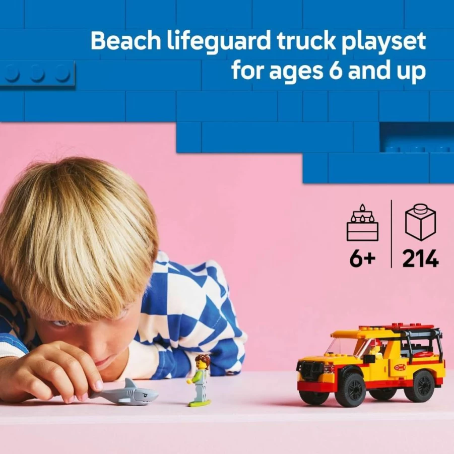 LEGO City Lifeguard Rescue Truck Building Set 60453 with 2 Minifigures & Shark Toy - Beach-Themed Construction Kit for Kids Ages 6+ - Creative Gift for Boys and Girls