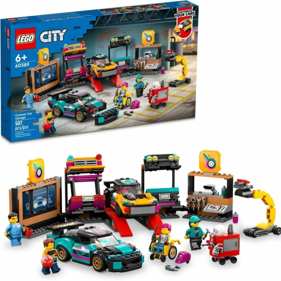 LEGO City Custom Car Garage Building Set with 2 Customizable Cars, 4 Minifigures & Mechanic Play Features – Creative Toy Gift for Kids Ages 6+ (60389)