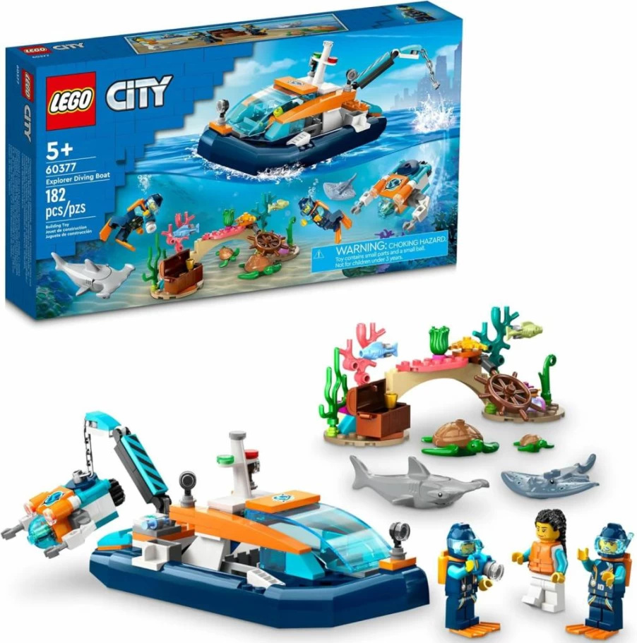 LEGO City Ocean Exploration Diving Boat 60377 Building Set with Mini-Submarine, Coral Reef, 3 Minifigures & Marine Animals (Shark, Manta Ray, Turtles)