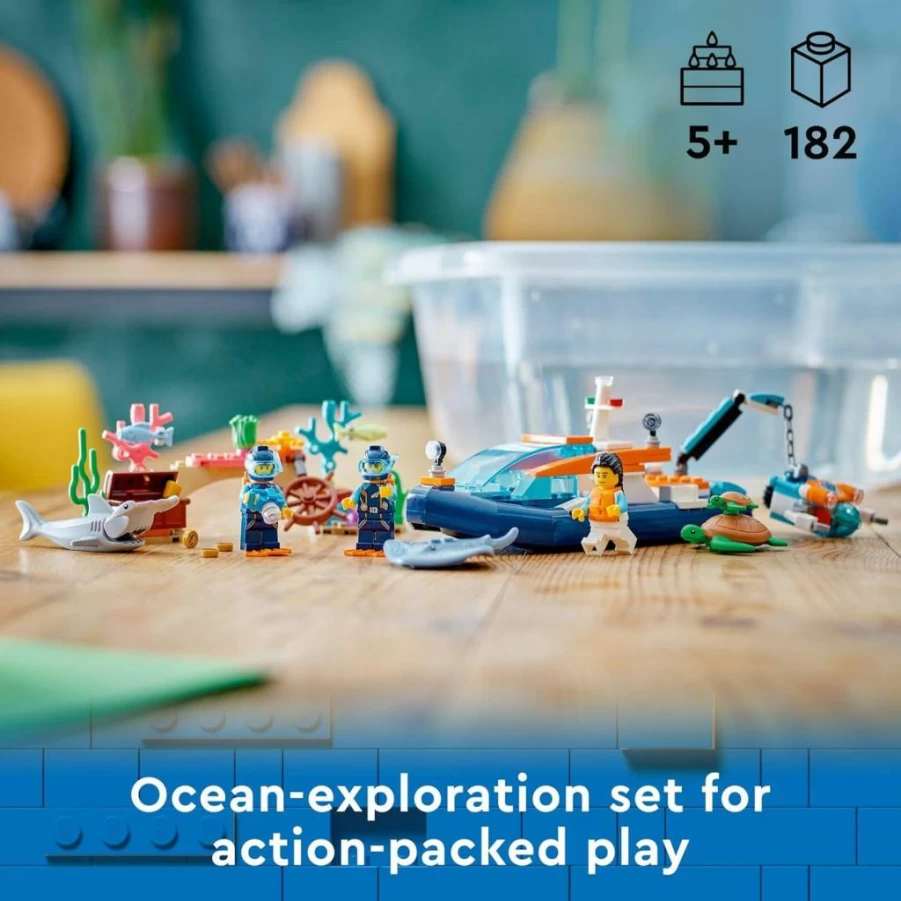 LEGO City Ocean Exploration Diving Boat 60377 Building Set with Mini-Submarine, Coral Reef, 3 Minifigures & Marine Animals (Shark, Manta Ray, Turtles)