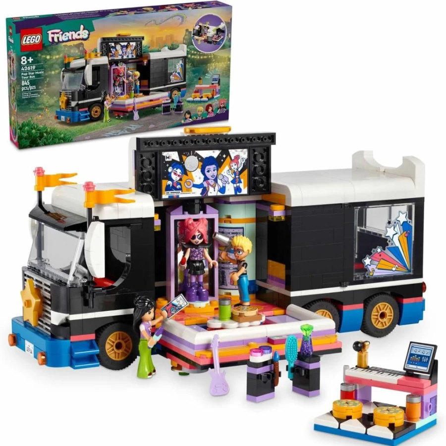 LEGO Friends Pop Star Tour Bus Building Kit with 4 Mini-Dolls, Musical Toy Truck for Kids Ages 8+, Creative Play Set for Girls & Boys 42619