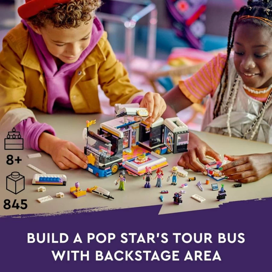 LEGO Friends Pop Star Tour Bus Building Kit with 4 Mini-Dolls, Musical Toy Truck for Kids Ages 8+, Creative Play Set for Girls & Boys 42619