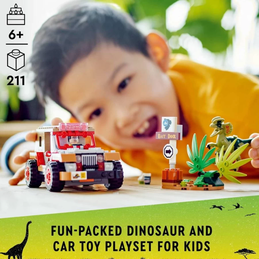 LEGO Jurassic Park 76958 Dilophosaurus Ambush Dinosaur Building Set with Jeep & Minifigures, 30th Anniversary Edition, Creative Gift for Kids Ages 6+ (405 Pieces)
