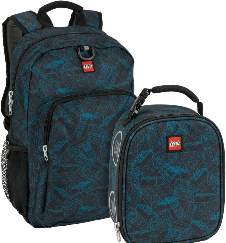 LEGO Classic Blue Backpack and Lunchbox 2-Piece Set for School - Heritage Design with Blueprint Print