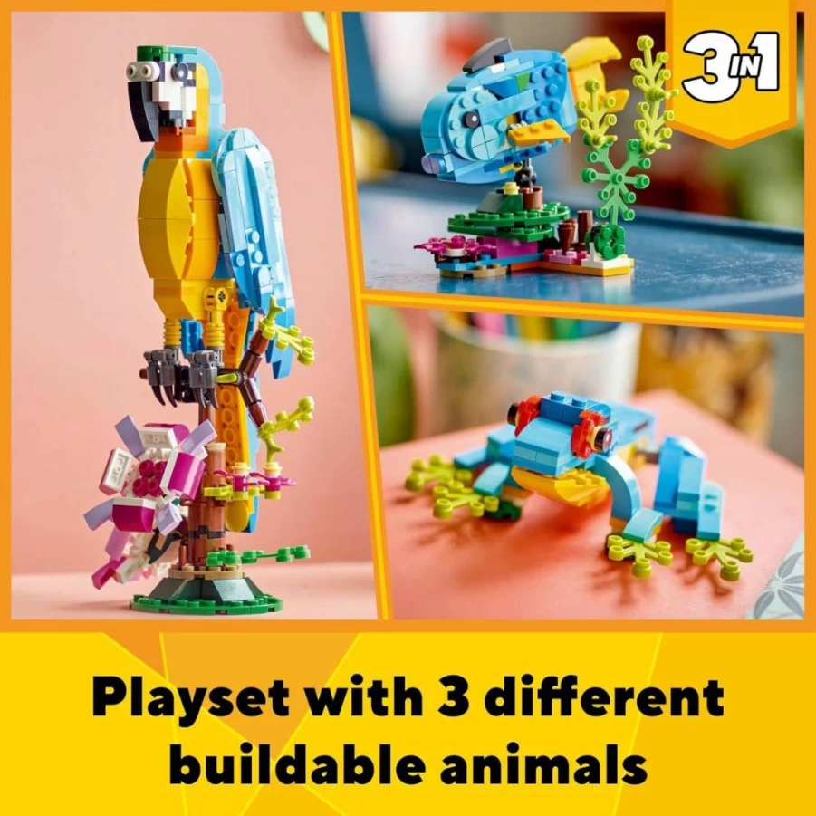 LEGO Creator 3-in-1 Exotic Parrot Building Set 31136 - Buildable Parrot, Fish & Frog Toy for Kids Ages 7+ | Creative STEM Toys for Children