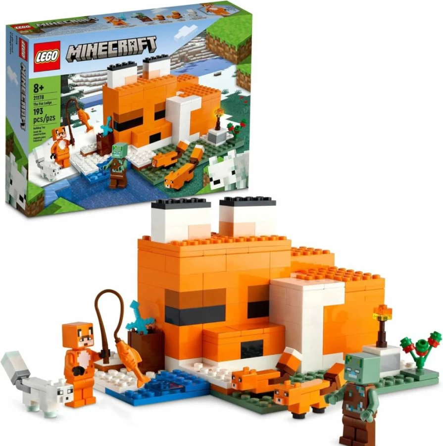 LEGO Minecraft The Fox Lodge House 21178 Building Set with Fox and Drowned Zombie Figures, Creative Toy Gift for Kids Boys Girls Ages 8+