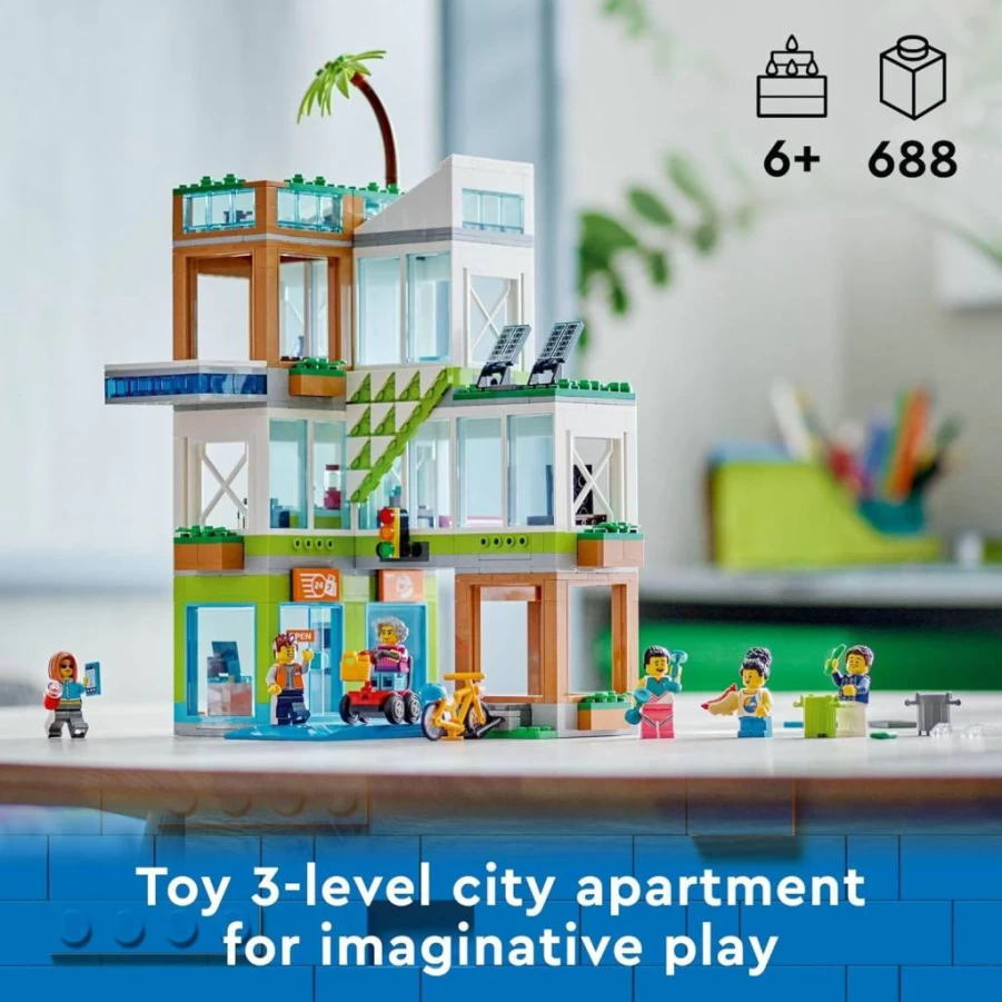 LEGO 60365 My City Apartment Building Toy Set with 3 Floors, 6 Minifigures, Scooter & Bike for Creative Play, Kids Gift