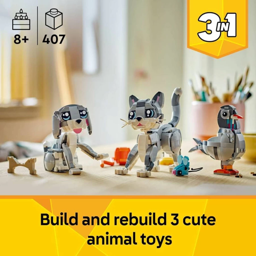 LEGO Creator 3-in-1 Building Toy Set - Build a Cat, Dog, or Pigeon - Creative Animal Figures for Kids Ages 8+ - Perfect Birthday Gift for Boys and Girls - Model 31163