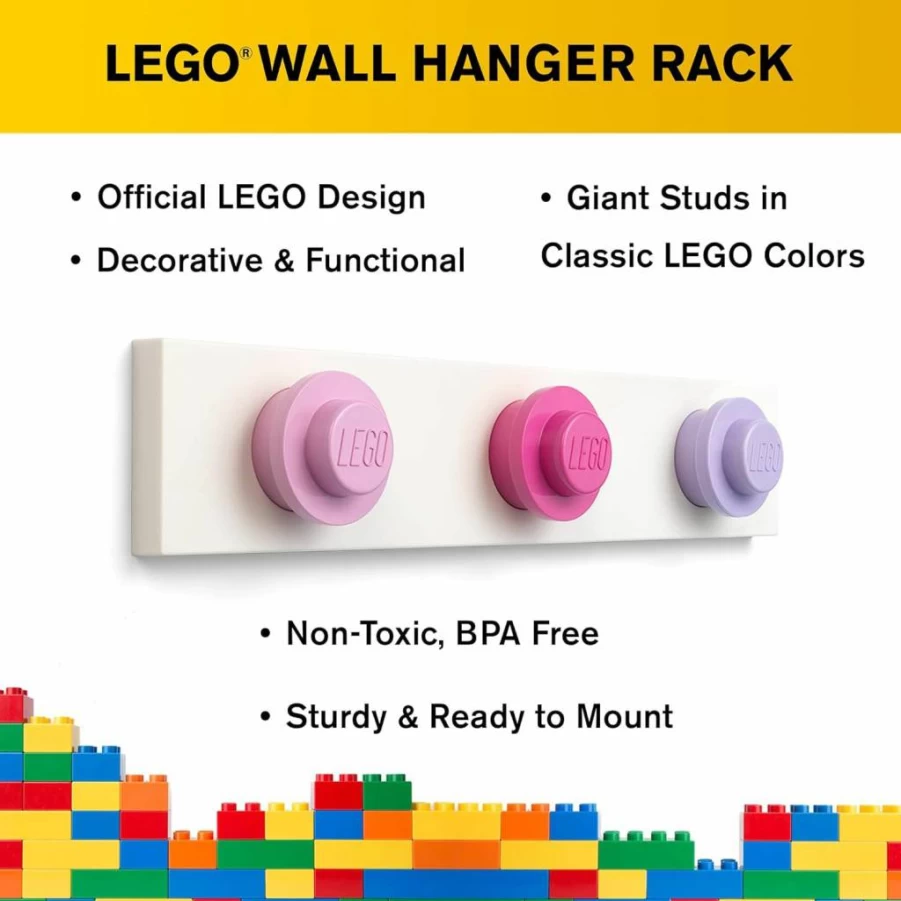 Room Copenhagen Lego Wall Hanger Rack - 3 Hook Coat Rack for Jackets, Backpacks & Hats | Kids Room Decor in Black, Grey & Dark Grey | Durable Lego-Themed Organizer