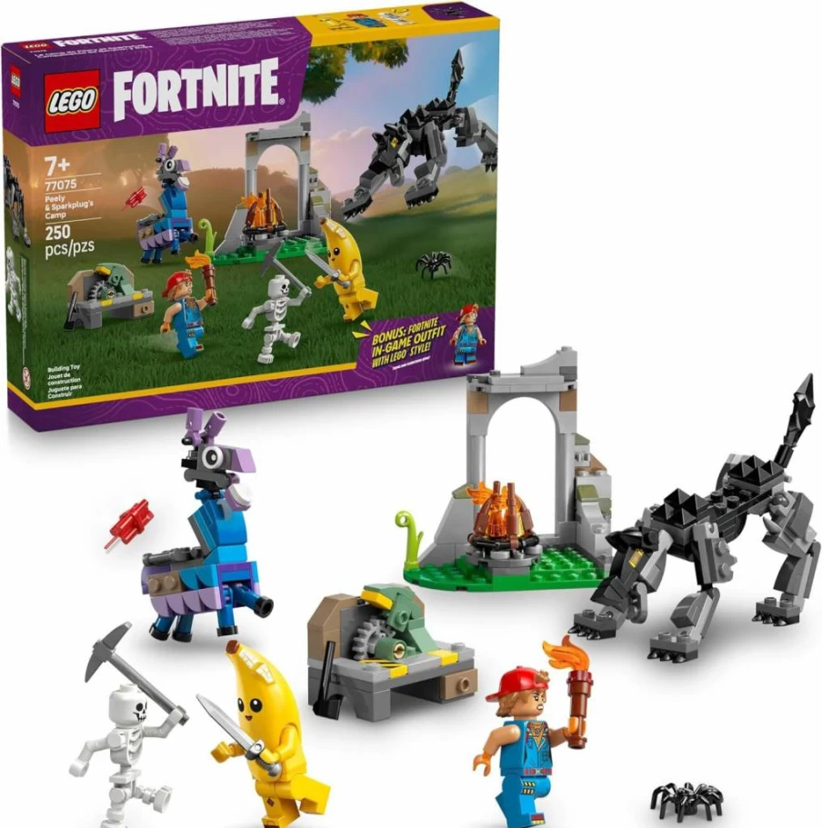 LEGO Fortnite Building Set 77075 - Peely & Sparkplug's Camp Toy for Kids Ages 7+, Creative Pretend Play with Fortnite Figures, Perfect Birthday Gift for Boys and Girls