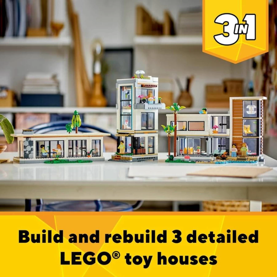 LEGO Creator 3-in-1 Modern Toy House Building Set 31153 with 2 Minifigures, Creative Construction Toy for Kids Ages 9+, Birthday Gift for Boys and Girls