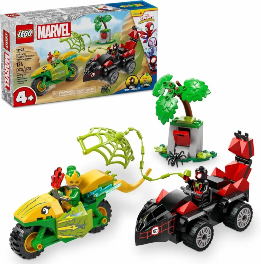 LEGO Marvel Spidey and His Amazing Friends Electro Dinosaur Chase Set with Car and Motorcycle, Superhero Building Toy for Kids Ages 4+, Gift for Boys and Girls, Model 11198