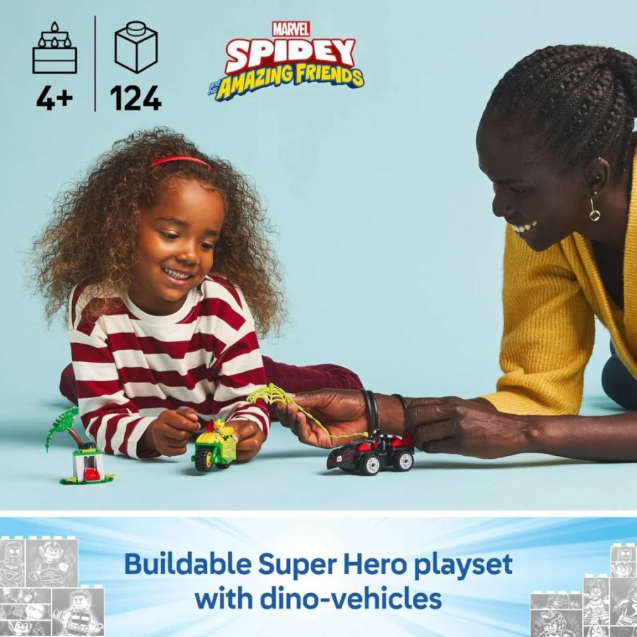 LEGO Marvel Spidey and His Amazing Friends Electro Dinosaur Chase Set with Car and Motorcycle, Superhero Building Toy for Kids Ages 4+, Gift for Boys and Girls, Model 11198