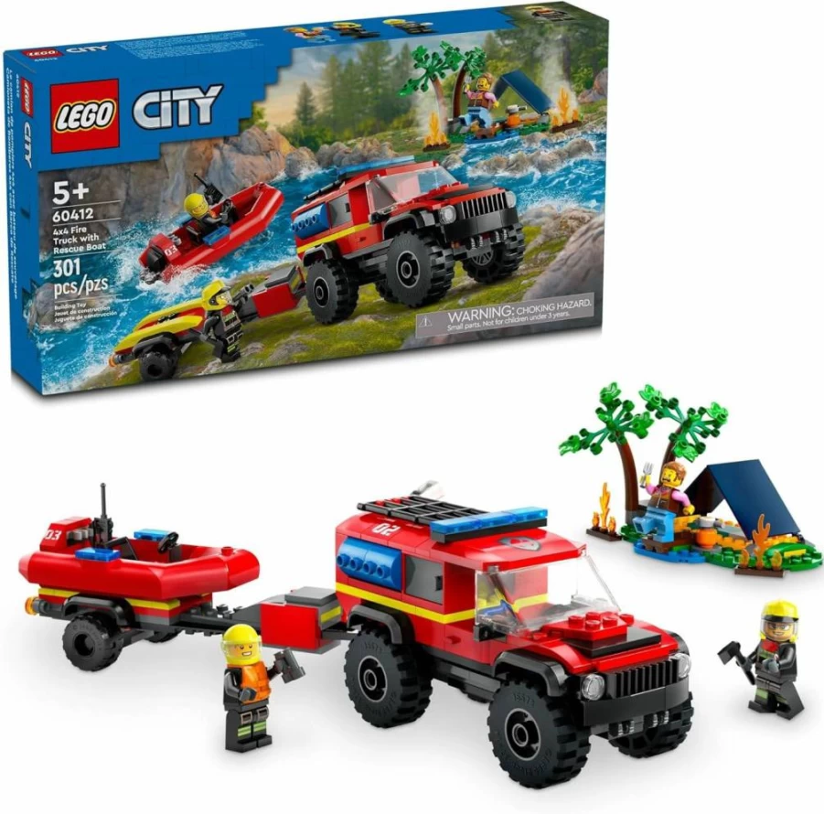 LEGO City 4X4 Fire Truck Rescue Boat Toy Set with Minifigures, Truck, Trailer & Camping Accessories for Kids Ages 5+ (60412)