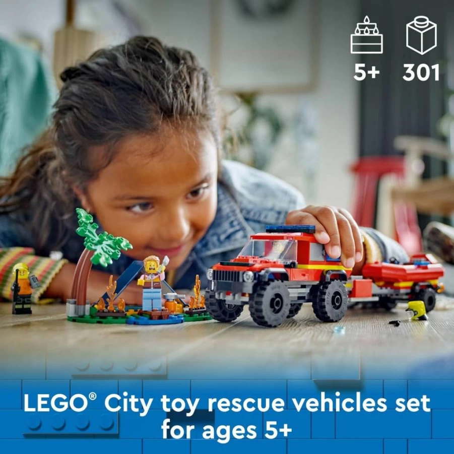 LEGO City 4X4 Fire Truck Rescue Boat Toy Set with Minifigures, Truck, Trailer & Camping Accessories for Kids Ages 5+ (60412)