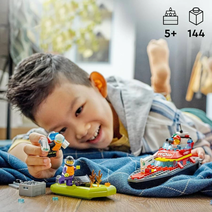 LEGO City Fire Rescue Boat 60373 Toy with Floating Water Play, Jetpack, Dinghy & 3 Minifigures for Kids Ages 5+ - Hero Building Set for Boys and Girls