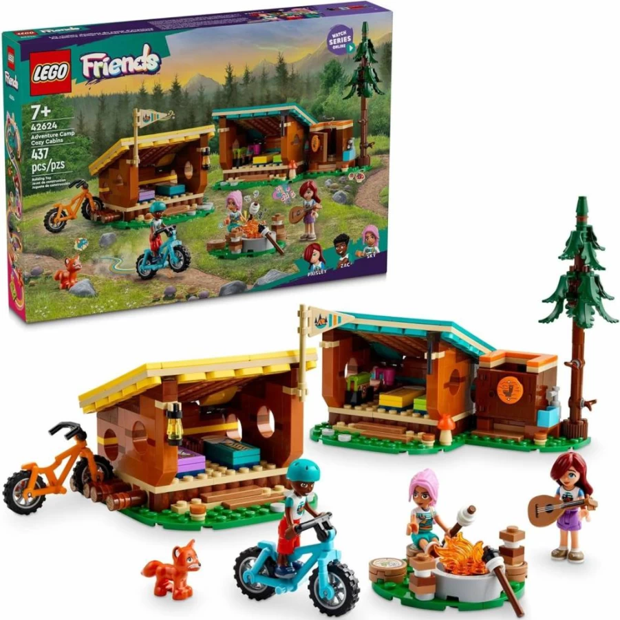 LEGO Friends 42624 Adventure Camp Cozy Cabins Set with 3 Mini Dolls, Fox Figure, and Nature Accessories, Creative Pretend Play Toy for Kids Ages 7+