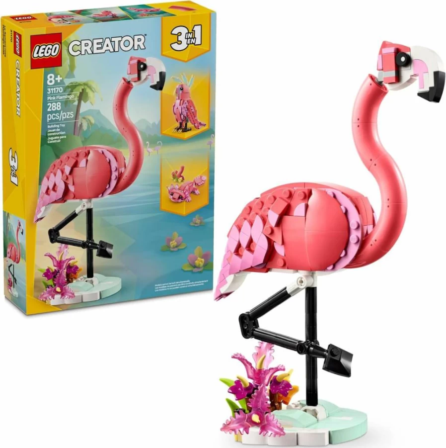 LEGO Creator 3-in-1 Wild Animals Building Toy Set - Build Pink Flamingo, Cockatoo, or Axolotl - Creative STEM Learning Kit for Kids Ages 8+ (31170)