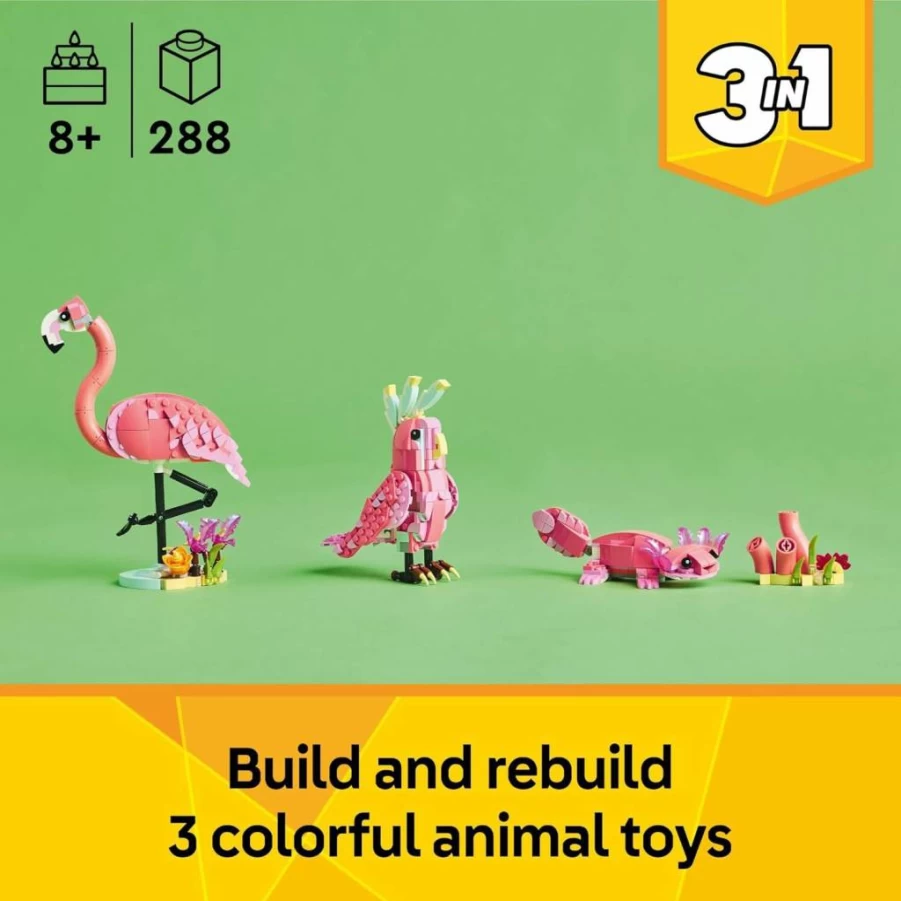 LEGO Creator 3-in-1 Wild Animals Building Toy Set - Build Pink Flamingo, Cockatoo, or Axolotl - Creative STEM Learning Kit for Kids Ages 8+ (31170)