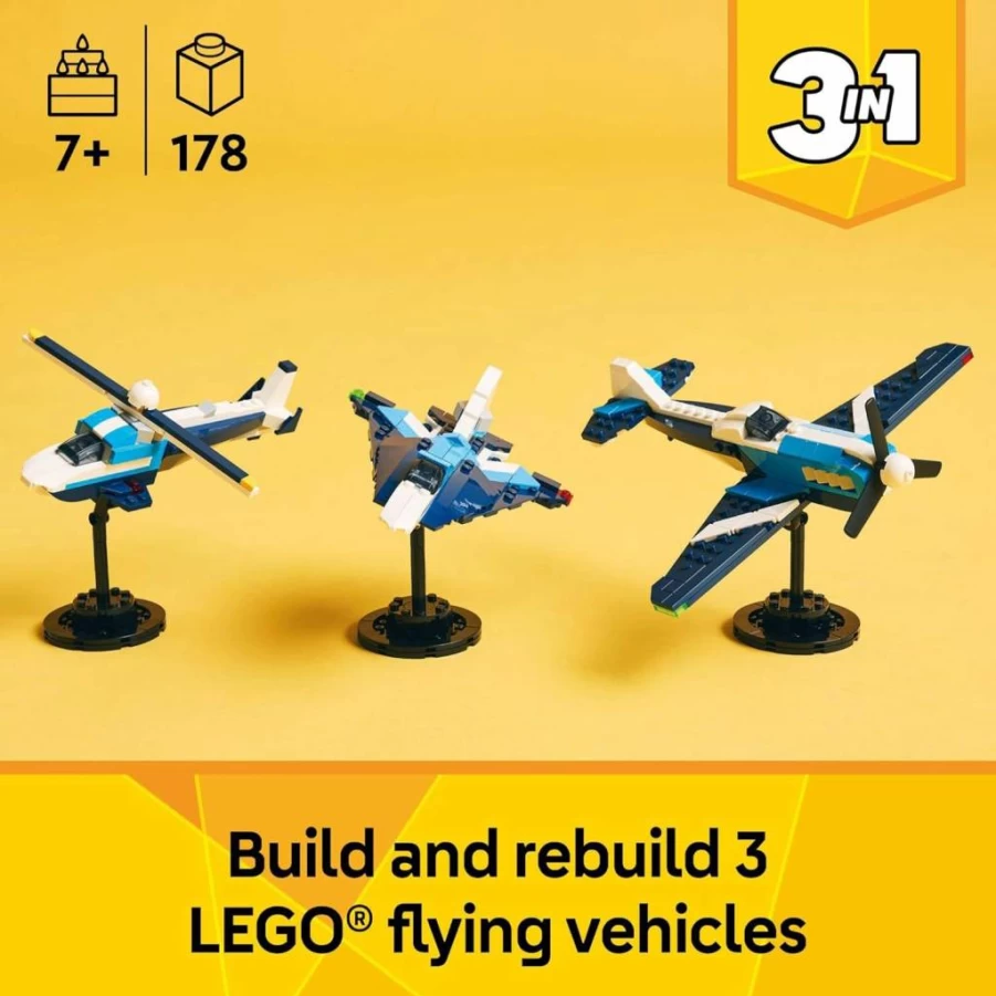 LEGO Creator 3-in-1 Aircraft Toy Set 31160 - Build Airplane, Fighter Jet, or Helicopter - Creative Building Kit for Kids, Boys, Girls Ages 7+ - Gift Idea for Aviation Enthusiasts