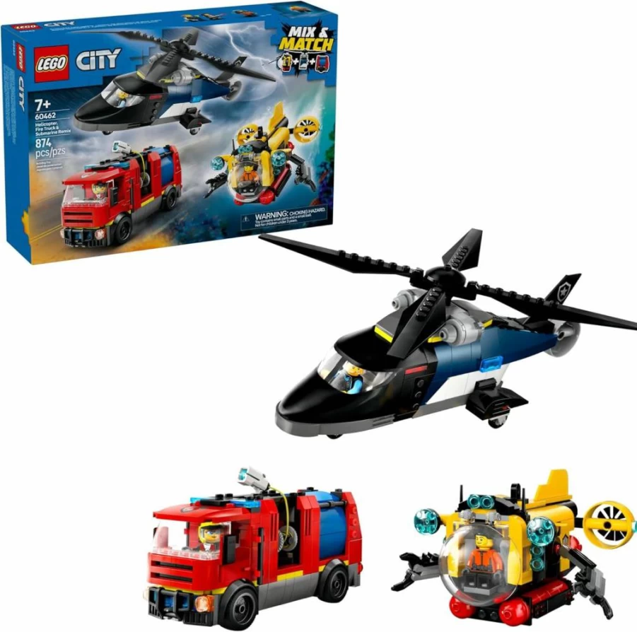 LEGO City 3-in-1 Building Toy Set (60462) - Fire Truck, Helicopter & Submarine with Minifigures - Creative Gift for Kids Ages 7+ | Birthday & Holiday Present for Boys and Girls