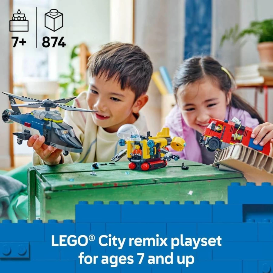 LEGO City 3-in-1 Building Toy Set (60462) - Fire Truck, Helicopter & Submarine with Minifigures - Creative Gift for Kids Ages 7+ | Birthday & Holiday Present for Boys and Girls