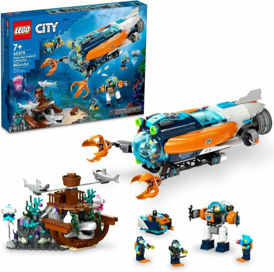 LEGO City Deep-Sea Explorer Submarine 60379 Building Set with 6 Minifigures, 3 Sharks & Shipwreck for Kids Ages 7+ | Creative Ocean Adventure Toy