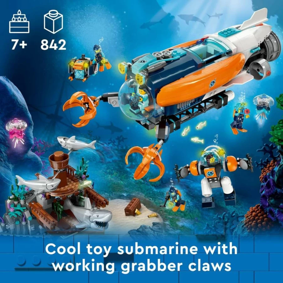LEGO City Deep-Sea Explorer Submarine 60379 Building Set with 6 Minifigures, 3 Sharks & Shipwreck for Kids Ages 7+ | Creative Ocean Adventure Toy